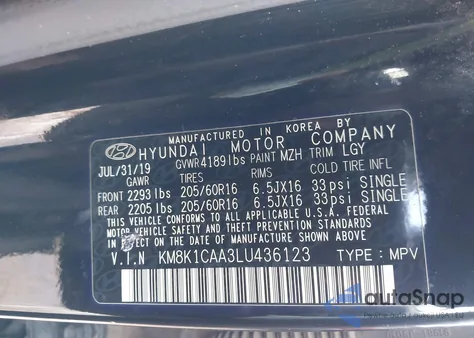 2020 Hyundai Kona Se из США, поврежденный, VIN KM8K1CAA3LU436123